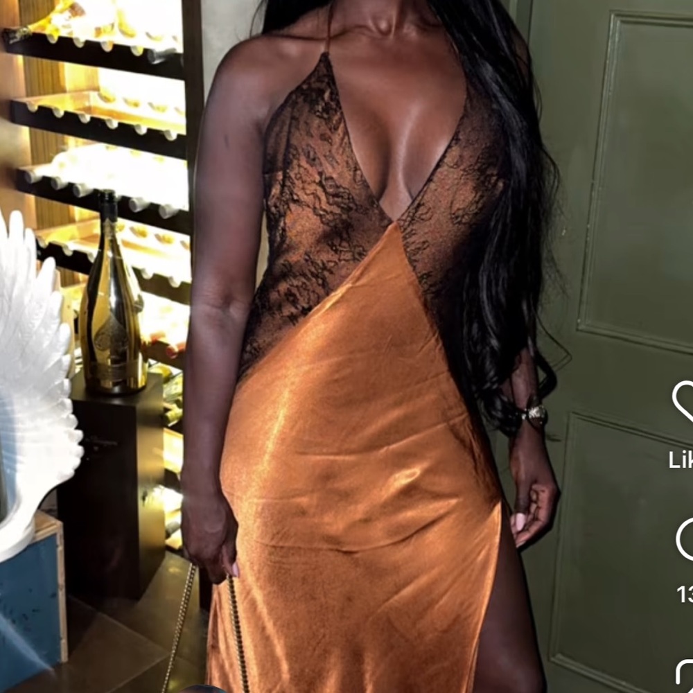 Bardot Satin Midi Dress in Black and Gold